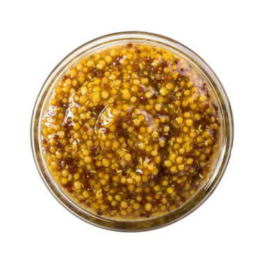 Hardal beyaz arka plan üzerinde izole cam kase içinde üstten görünüm