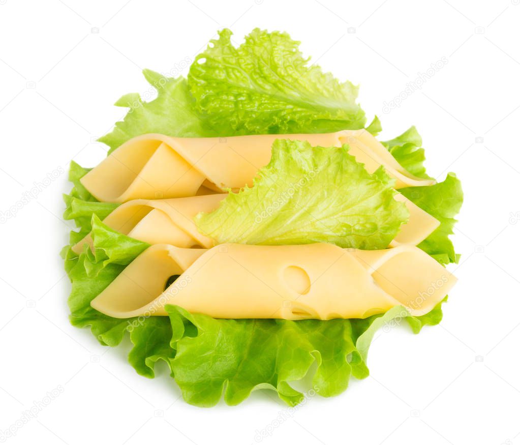 Cheese slices on green salad leaves isolated on white background
