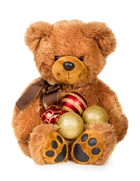 Spielzeug Teddybär Mit Weihnachtskugeln Isoliert Auf Weißem Hintergrund — Stockfoto