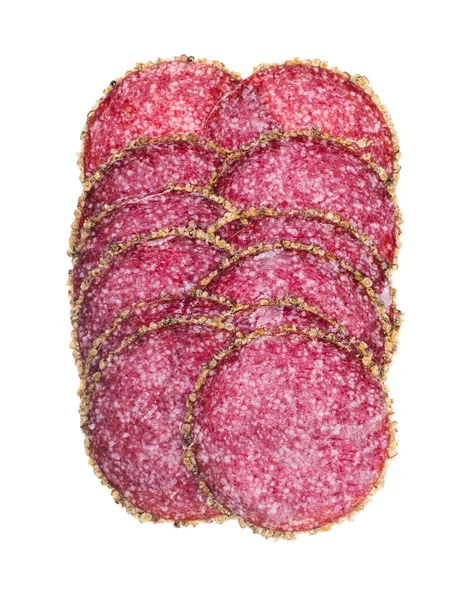 Skivor Salami Korv Med Peppar Isolerad Vit Bakgrund — Stockfoto