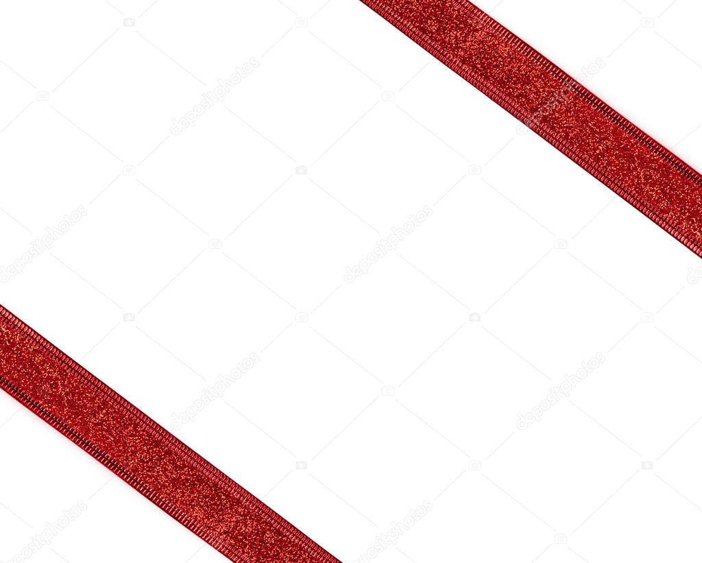 Red ribbon with glitter isolated on white background. Frame for greating card