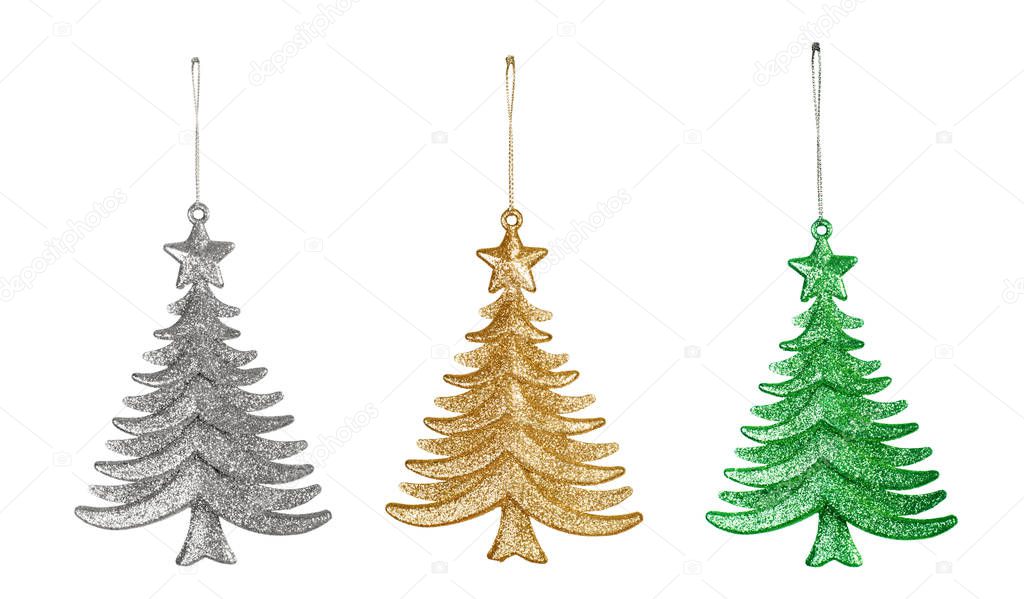 Decorative Christmas toys, three trees isolated on white background