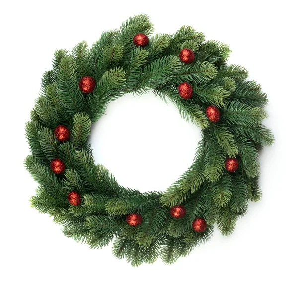Christmas Fir Wreath Red Balls Isolated White Background — Stock Photo, Image