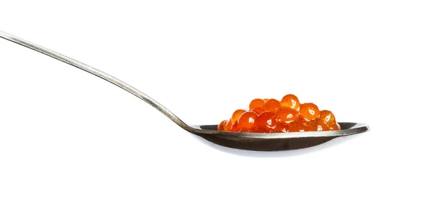 Caviar Rouge Dans Cuillère Argent Isolé Sur Fond Blanc — Photo