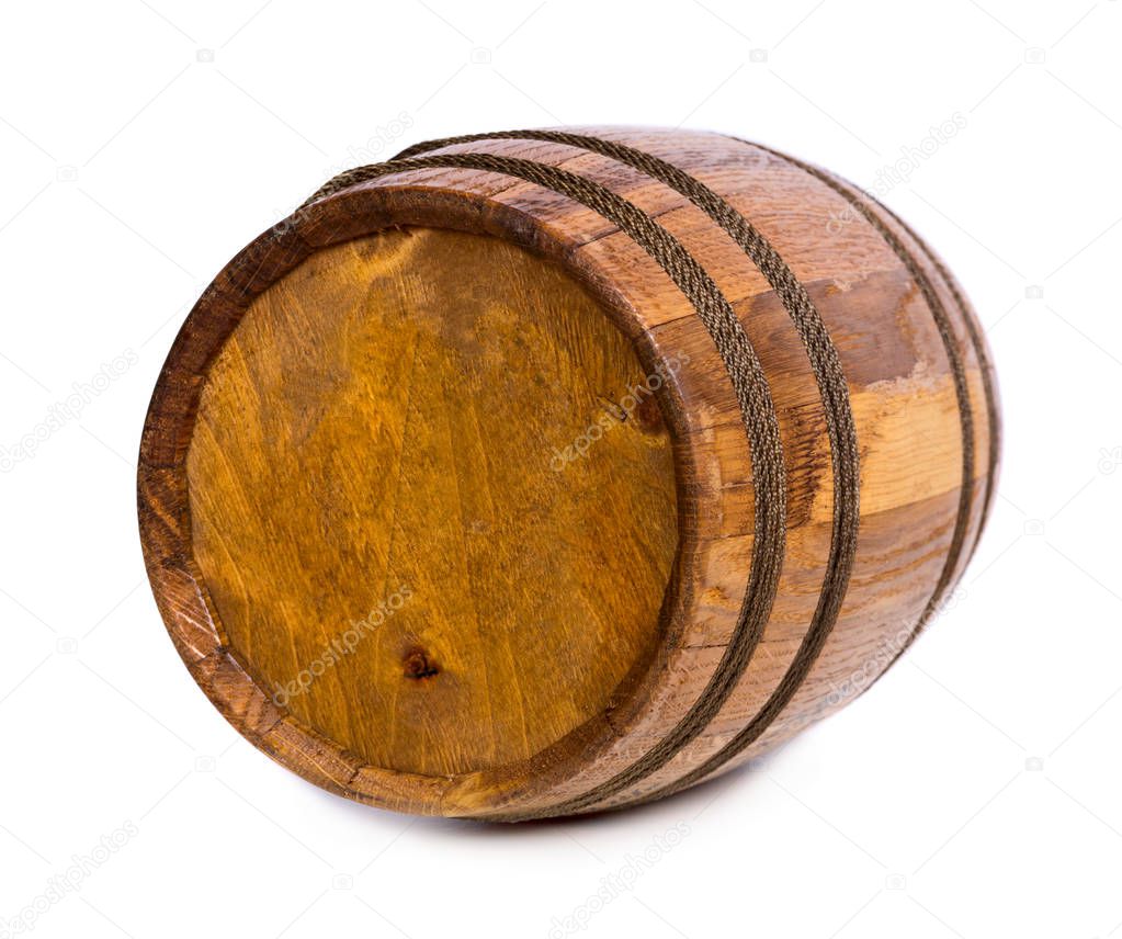 Brown wooden barrel isolated on white background