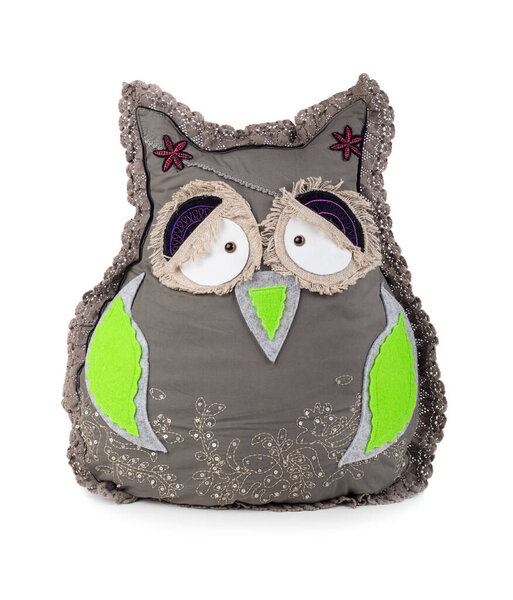 Decorative cushion in the form of handmade owl isolated on a white background