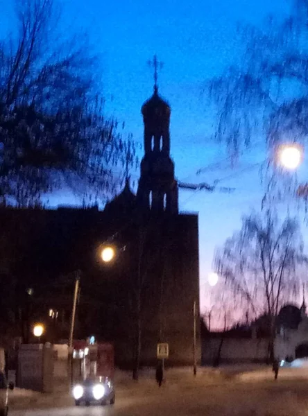 Image Floue Église Sur Fond Ciel Nocturne Pour Des Films — Photo