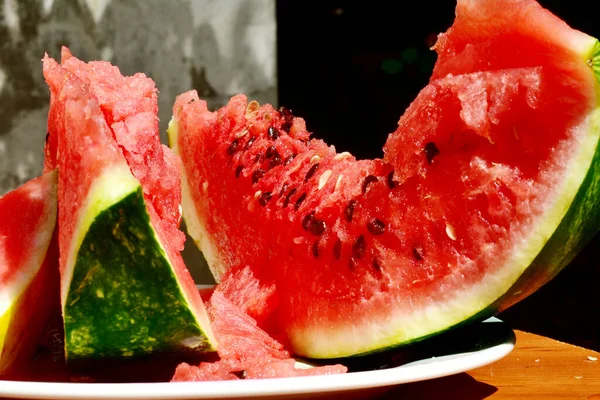 Ripe Red Watermelon Sliced Black Seeds — Stock Photo, Image