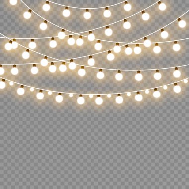 Noel ışıkları izole gerçekçi tasarım öğeleri. Parlayan ışıklar Xmas tatil kartları, afişler, posterler, web tasarım için. Çelenk süsleri. Vektör çizim.