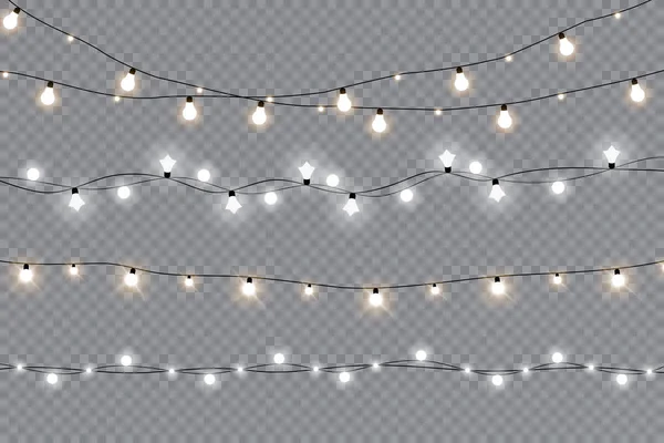 Luci Natale Isolati Elementi Design Realistici Luci Luminose Natale Biglietti — Vettoriale Stock