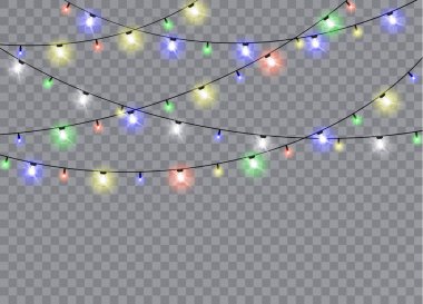 Noel ışıkları izole gerçekçi tasarım öğeleri. Parlayan ışıklar Xmas tatil kartları, afişler, posterler, web tasarım için. Çelenk süsleri. Vektör çizim.