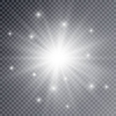 Parlayan ışık şeffaf bir arkaplanda patlar. Parlak sihirli toz parçacıkları. Parlak Yıldız. Şeffaf, parlak güneş. Vektör ışıltısı. 