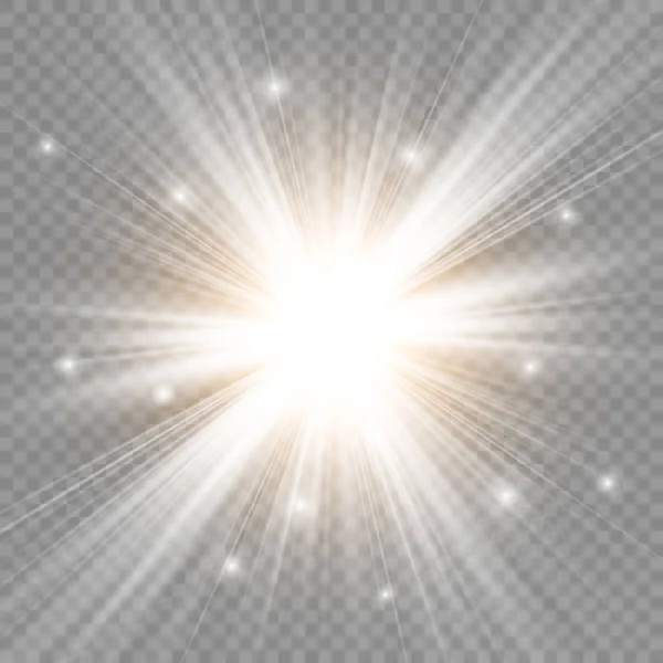 輝く光は透明な背景で爆発します スパークリング魔法の塵粒子 明るい星 透明な輝く太陽 明るいフラッシュ ベクトル輝き — ストックベクタ