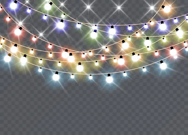 Weihnachtsbeleuchtung Isoliert Realistische Gestaltungselemente Leuchtende Lichter Für Weihnachtskarten Banner Poster — Stockvektor