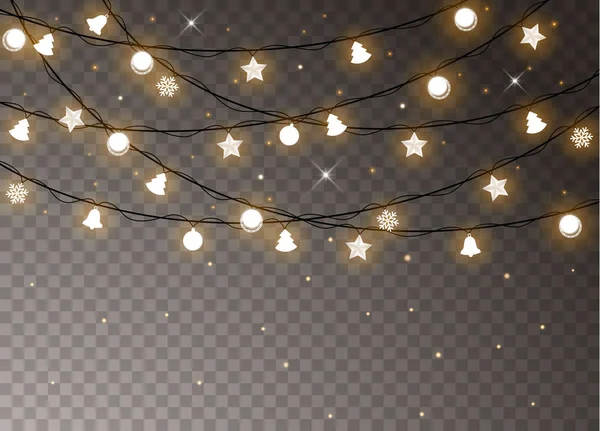 Weihnachtsbeleuchtung Isoliert Realistische Gestaltungselemente Leuchtende Lichter Für Weihnachtskarten Banner Poster — Stockvektor