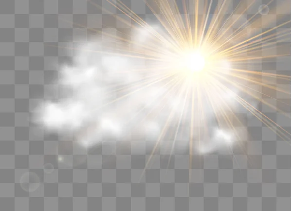 发光透明矢量光效果设置 太阳闪光 雾或烟雾隔离透明特效 白色多云 薄雾或烟雾背景 — 图库矢量图片