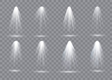 Olay yeri aydınlatma koleksiyonu, şeffaf efektler. Spot ışıklarıyla parlak bir ışık. Vektör illüstrasyonu.