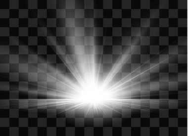 Gün doğumu, şafak. Vektör şeffaf güneş ışığı. Özel lens parlama ışık efekti.