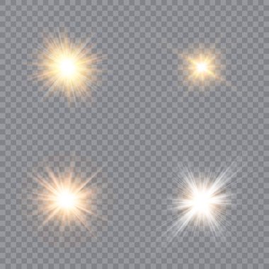 Işık efekti yıldızları. Şeffaf arkaplanda vektör ışıltısı. Noel soyut kalıbı. Parıldayan sihirli toz parçacıkları.