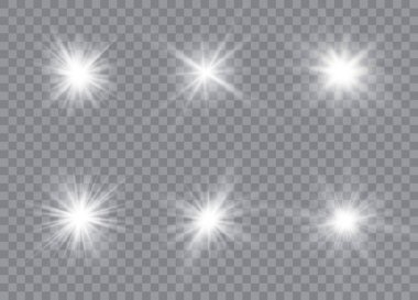 Işık efekti yıldızları. Şeffaf arkaplanda vektör ışıltısı. Noel soyut kalıbı. Parıldayan sihirli toz parçacıkları.