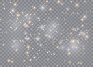 Işık efekti yıldızları. Şeffaf arkaplanda vektör ışıltısı. Noel soyut kalıbı. Parıldayan sihirli toz parçacıkları.