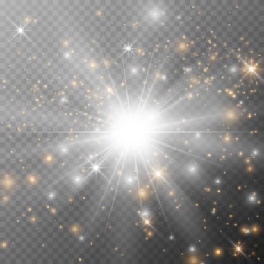 Işık efekti yıldızları. Şeffaf arkaplanda vektör ışıltısı. Noel soyut kalıbı. Parıldayan sihirli toz parçacıkları.