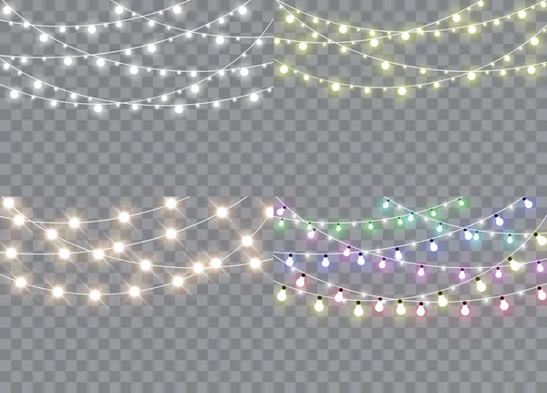 一套圣诞灯隔离逼真的设计元素 为Xmas假日贺卡 网页设计发光灯 加兰装饰 矢量插图 — 图库矢量图片