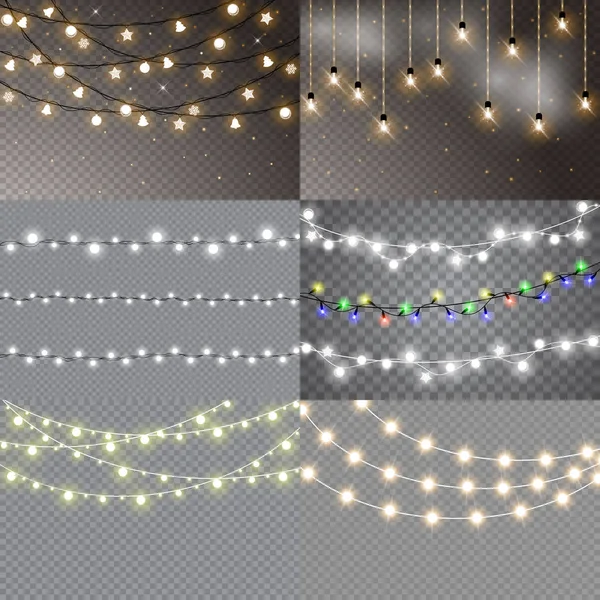 Set Luces Navideñas Aisladas Elementos Diseño Realistas Luces Brillantes Para — Vector de stock