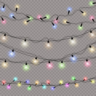 Bir dizi Noel ışığı gerçekçi tasarım elementlerini izole etti. Xmas tatil kartları, afişler, posterler, web tasarımı için parlayan ışıklar. Çelenkler. Vektör illüstrasyonu.