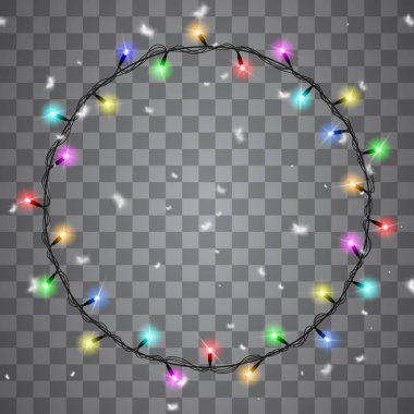 Noel ışıkları gerçekçi tasarım unsurlarını izole etti. Yeni yıl için Noel karı. Xmas tatil kartları, afişler, posterler, web tasarımı için parlayan ışıklar. Çelenkler. 