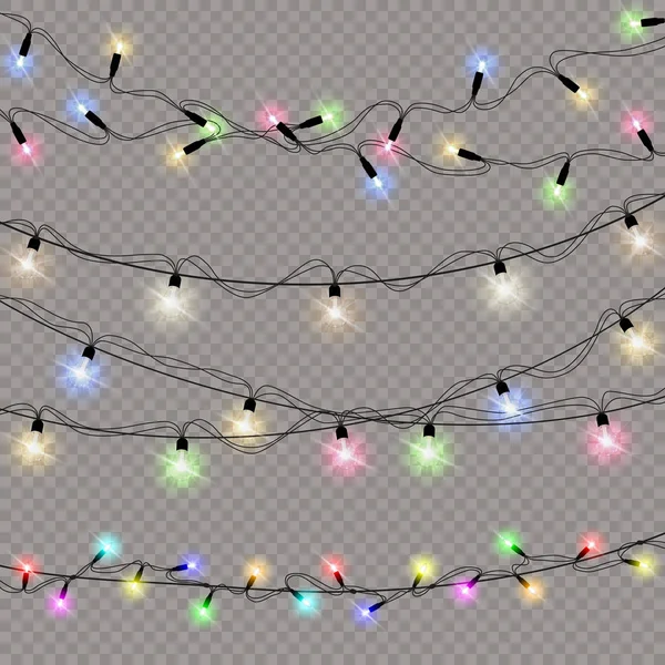 クリスマスライトのセットは現実的な設計要素を隔離した クリスマスの休日のカード バナー ポスター ウェブデザインのための光るライト ガーランドの飾りだ ベクターイラスト — ストックベクタ