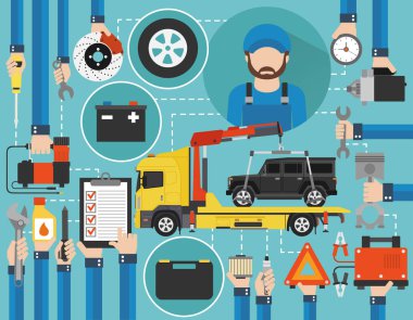 Araba servisi online arama düz çizmek ile yıkan araba ve mekanik izole vektör çizim