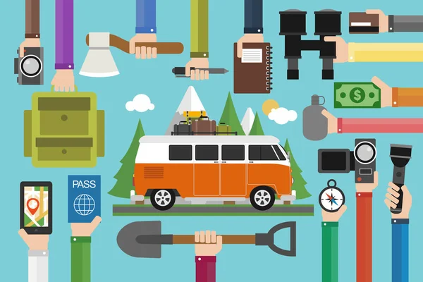 Camping Design Viagem Conjunto Plano Com Minibus Vector Ilustração — Vetor de Stock