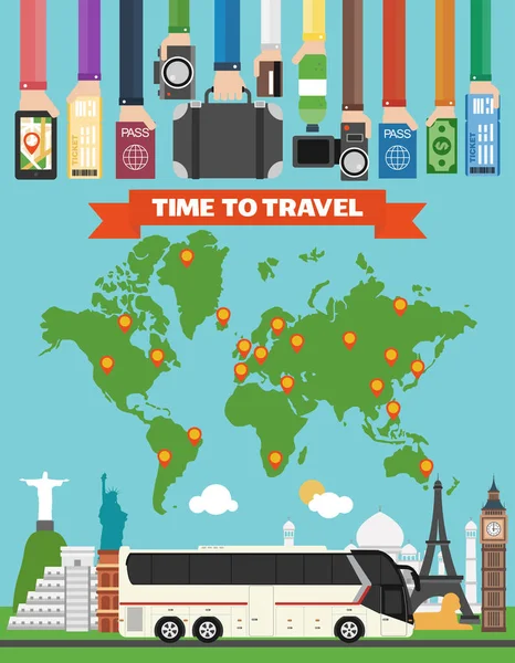 Tiempo Para Viajar Diseño Plano Con Autobús Turístico Mapa Tierra — Vector de stock
