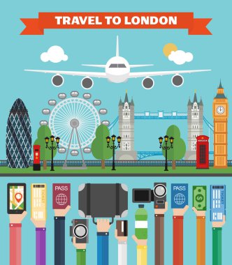Londra seyahat tasarım uçak ile düz. Vektör çizim