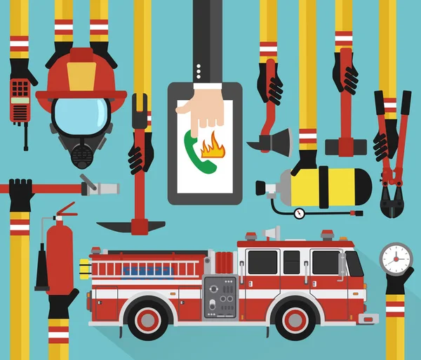 Feuerwehr Infografik Konzept Flacher Online Anruf Mit Fire Engine Vector — Stockvektor