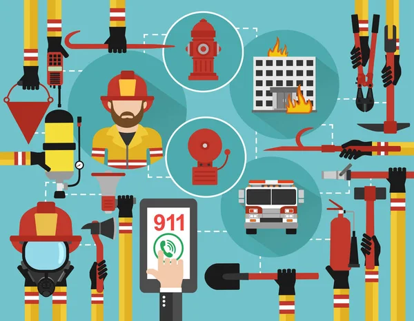 Fire Fighting Infographic Concept Flat Online Call Illustrazione Vettoriale — Vettoriale Stock