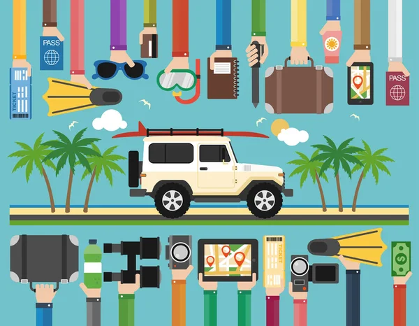 Yaz seyahat düz çizmek ile Suv ve sörf tahtası. Vektör illustrarion