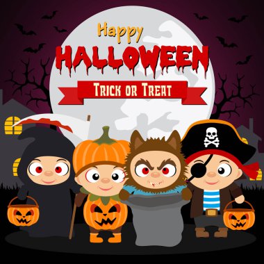 Mutlu Halloween Trick or Treat kostüm çocuklarla. Vektör çizim