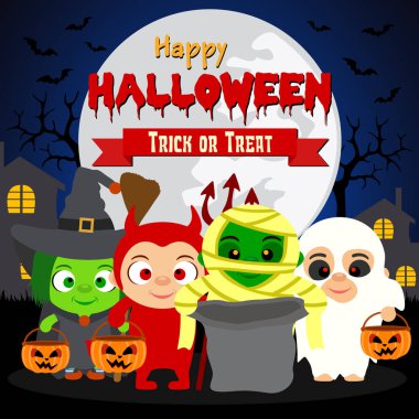 Mutlu Halloween Trick or Treat kostüm çocuklarla Cadılar Bayramı. Vektör çizim