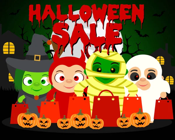 Fondo Venta Halloween Con Los Niños Divertido Traje Halloween Ilustración — Vector de stock