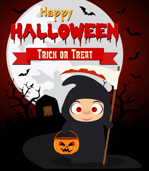 Halloween Pozadí Kid Scytheman Kostým Vektorové Ilustrace — Stockový vektor