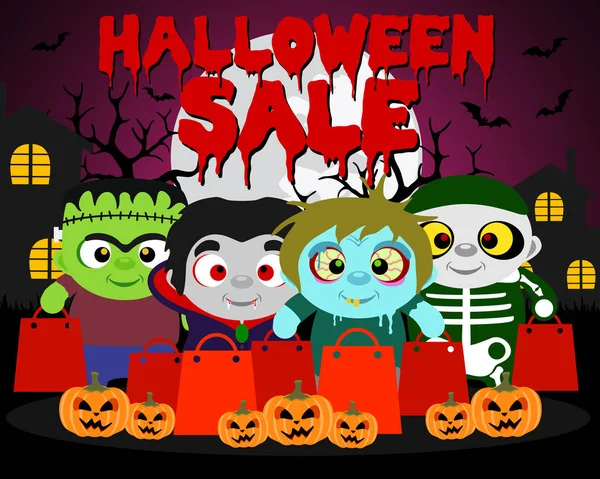 Halloween Sprzedaż Tło Śmieszne Dzieci Strój Halloween Ilustracja Wektorowa — Wektor stockowy
