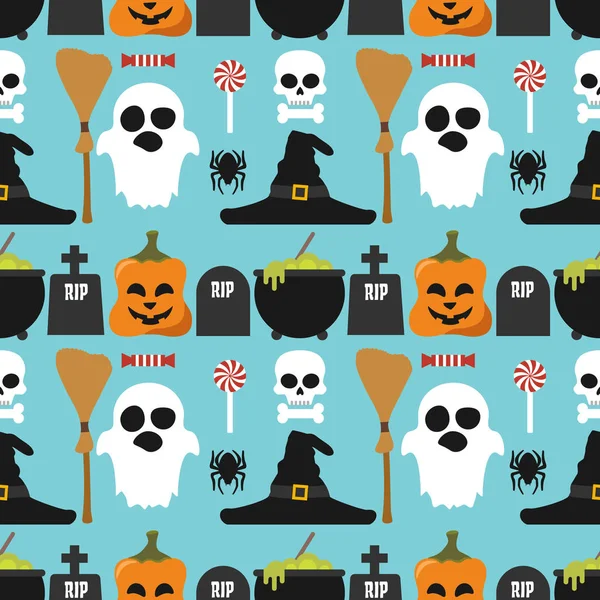 Halloween Sem Costura Conjunto Plano Vetor Ilustração — Vetor de Stock