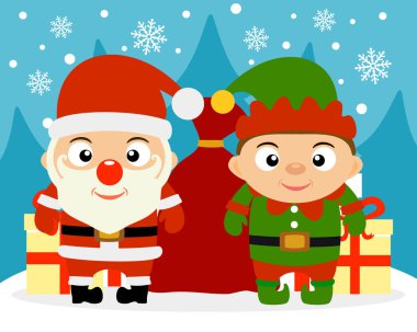 Yeni yıl vektör çizim çocuklar Noel Baba kostümlü ve elf ile. Vektör çizim