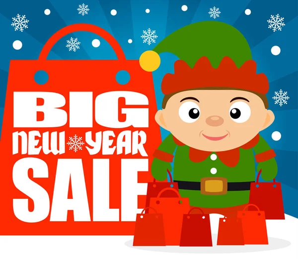 Big New Year Sale Background Child Costume Elf Vector Illustration — Stock Vector