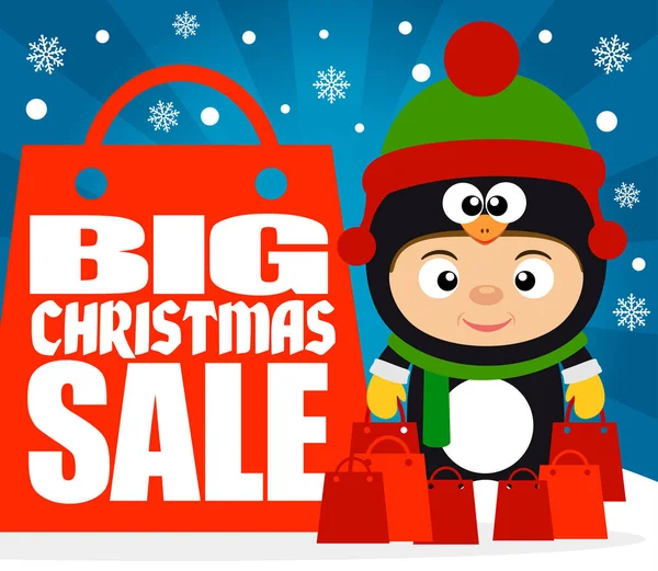 Big Christmas Sale Background Child Costume Penguin Vector Illustration — Stock Vector