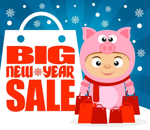 Big New Year Sale Background Child Costume Pig Vector Illustration — Stock Vector