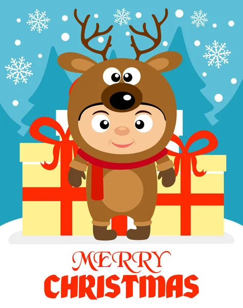 圣诞快乐背景与孩子在服装鹿 向量例证 — 图库矢量图片