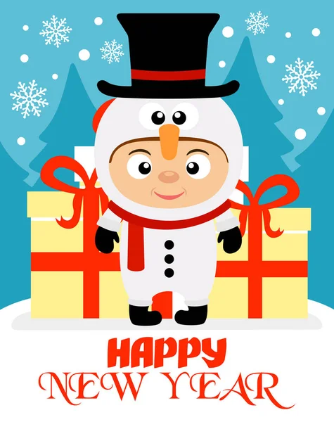 Snowma で子供と一緒に幸せな新年の背景 ベクトル Illustation — ストックベクタ